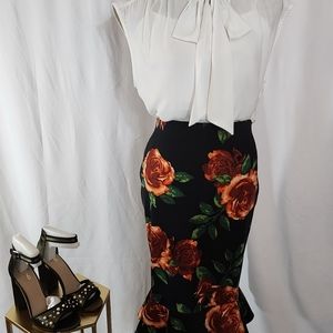 NYCC black floral pull-up skirt:  size M